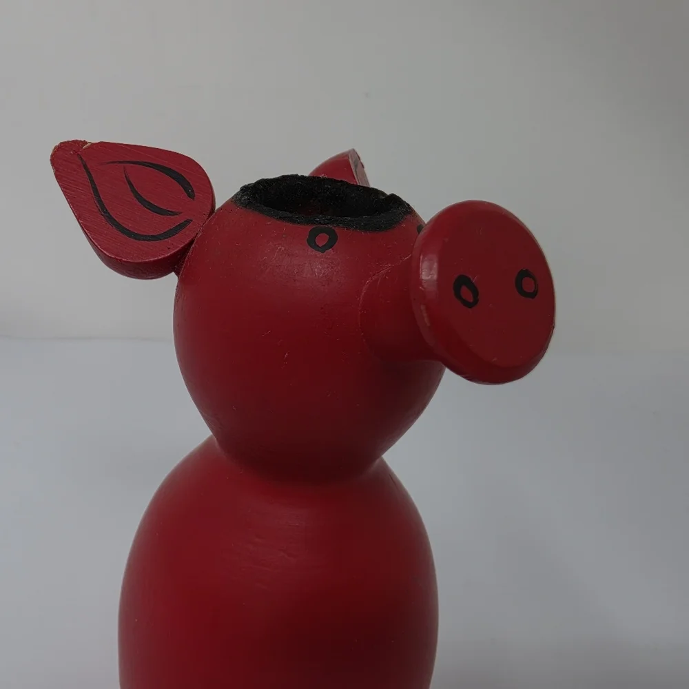 Pig Red Candle Wooden  Holder
